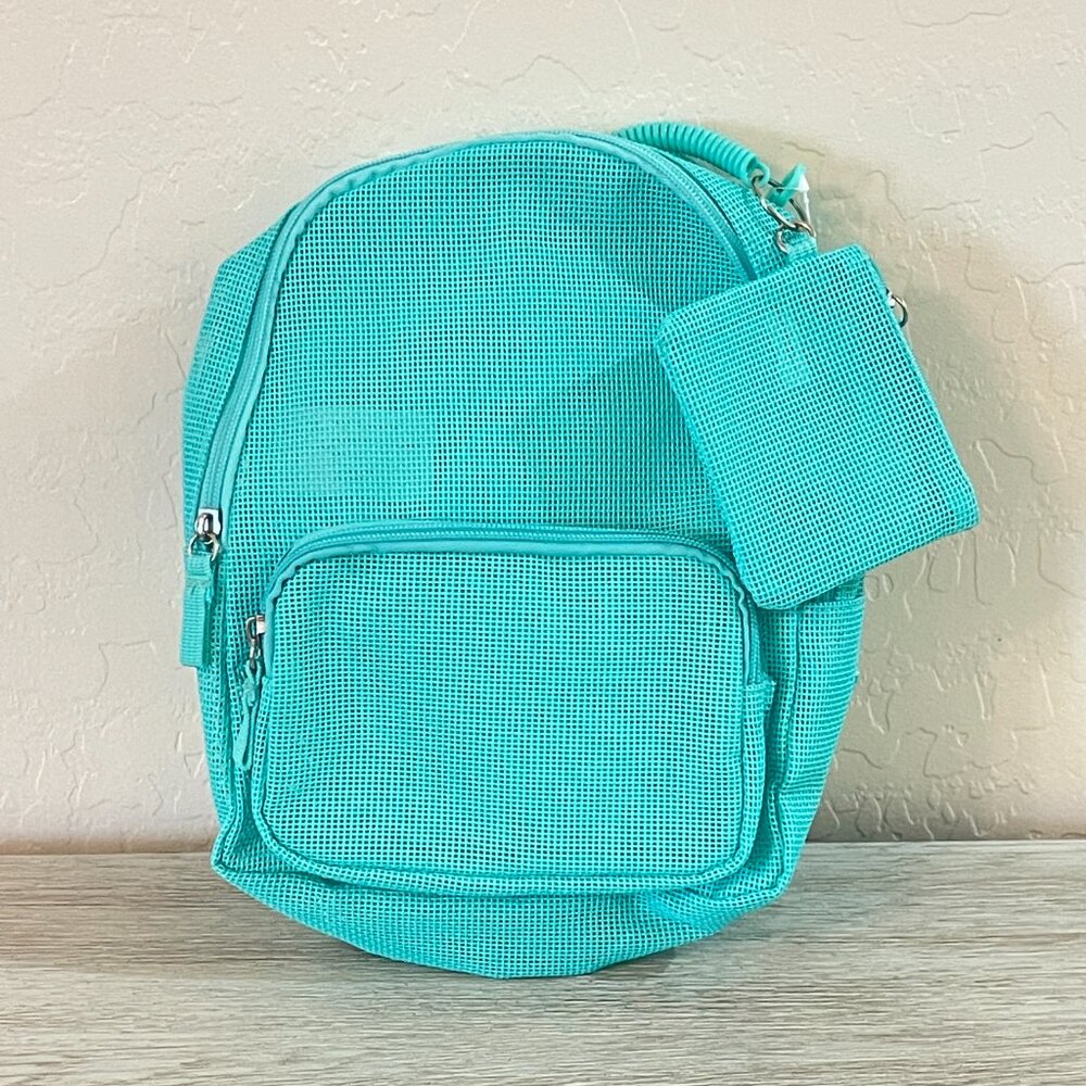 New Turquoise Mesh Backpack with Pouch and Key Fob Aqua Blue